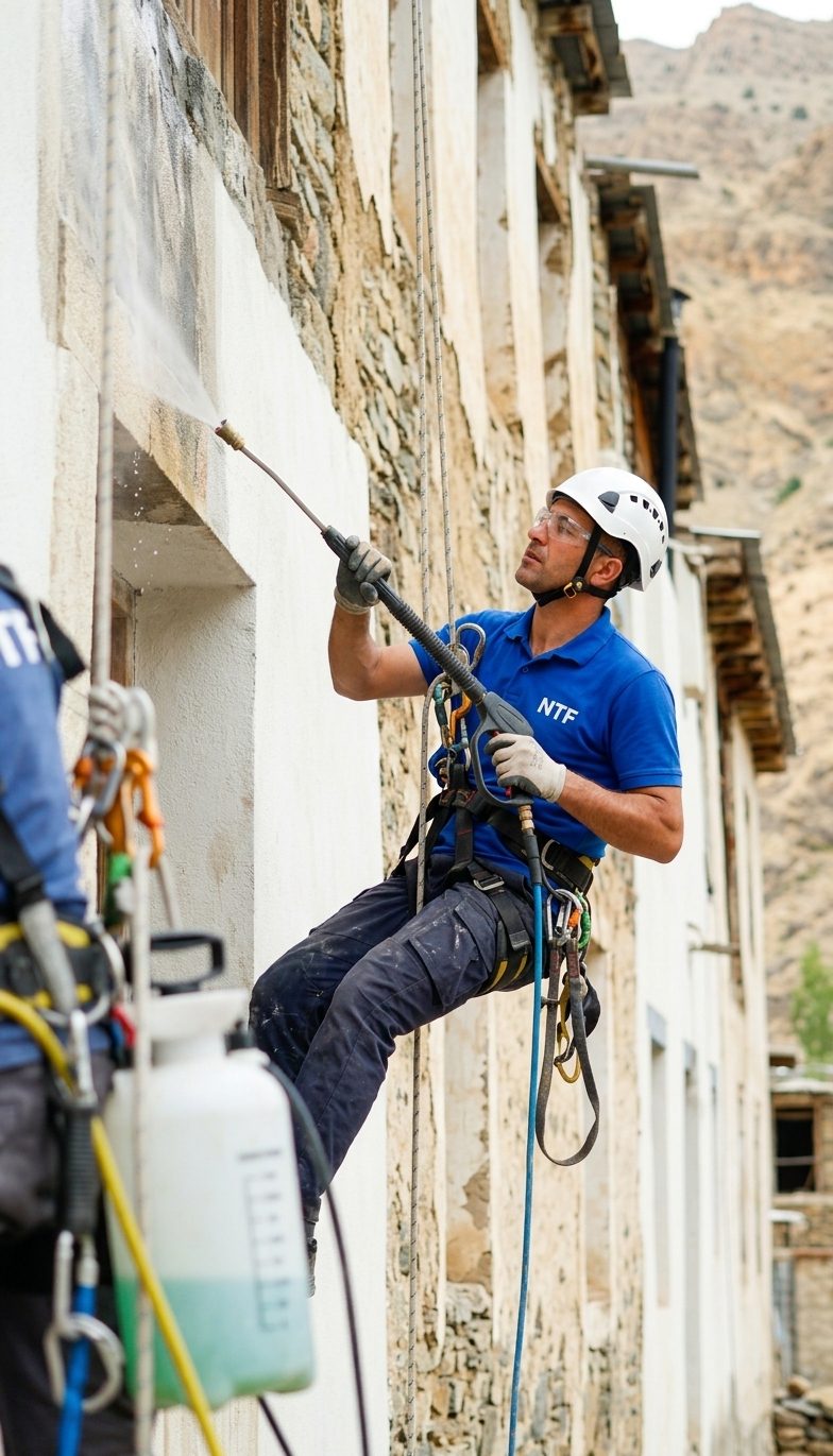 Cordiste NTF nettoyant une façade en pierre ancienne à Paris